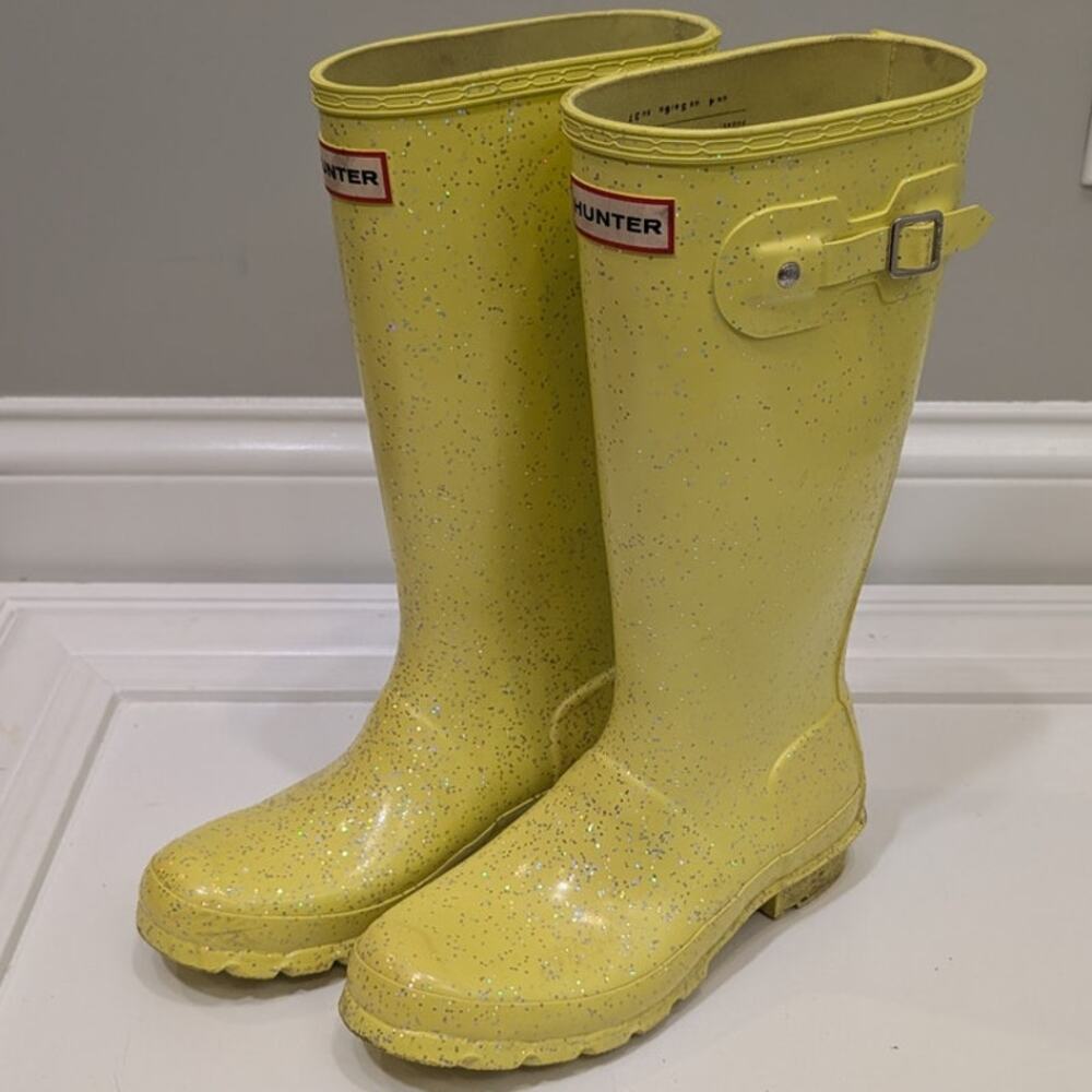 Hunter Kids Original Giant Glitter Wellington Boots Illuninating Yellow - Size 6